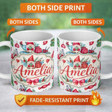 Personalized Custom Name Whimsical Christmas Gnome Tree Candy Sweet Holiday Seamless Pattern 11oz Ceramic Coffee Tea Mug White Large Handle