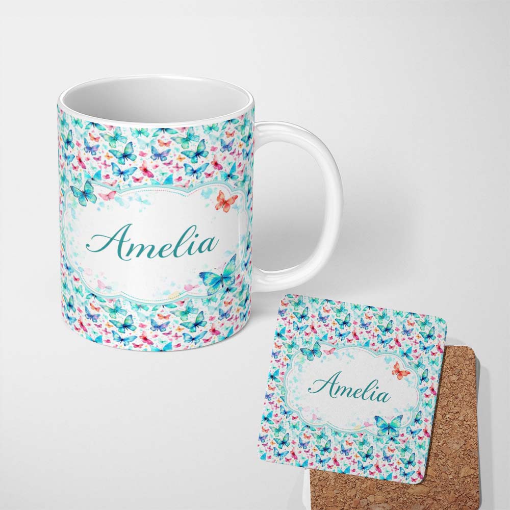 Personalized Custom Name Cute Blue and Pink Butterflies with Heart Accents Seamless Pattern 11oz Ceramic Coffee Tea Mug White Large Handle