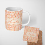 Personalized Custom Name Geometric Floral Star in Warm Peach and Cream Tones Design Lovely 11oz Ceramic Coffee Tea Mug White Large Handle