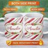 Personalized Custom Name Red Green Glitter Stripe Christmas Pattern Festive Seamless Design 11oz Ceramic Coffee Tea Mug White Large Handle