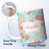 Personalized Custom Name Strawberry Cherry Daisy Seamless Pattern Teal Cute Coquette Floral 11oz Ceramic Coffee Tea Mug White Large Handle