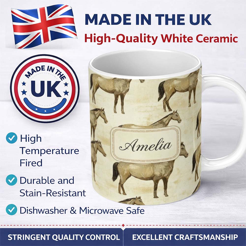 Personalized Custom Name Vintage Rustic Horse Illustration Farm Animal Seamless Pattern 11oz Ceramic Coffee Tea Mug White Large Handle