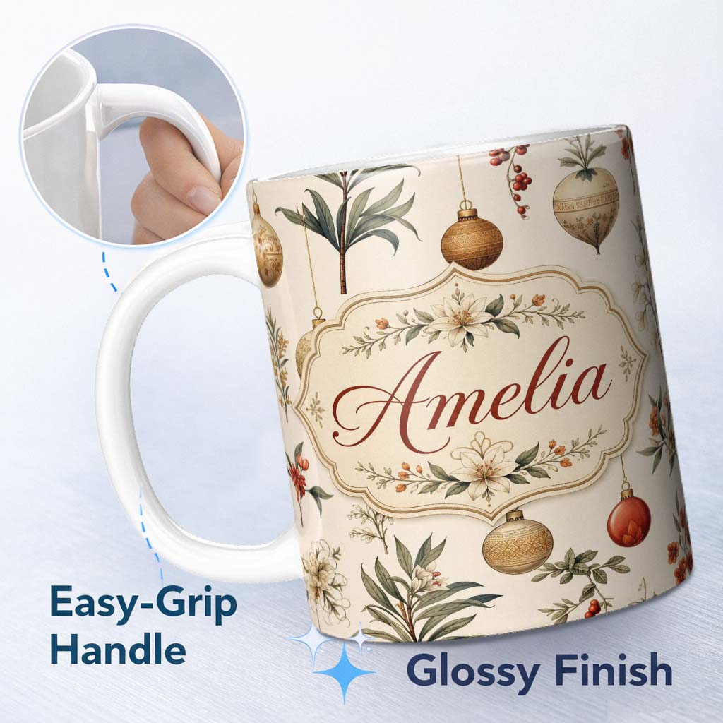 Personalized Custom Name Elegant Botanical Christmas Baubles Floral Leaves Seamless Pattern 11oz Ceramic Coffee Tea Mug White Large Handle