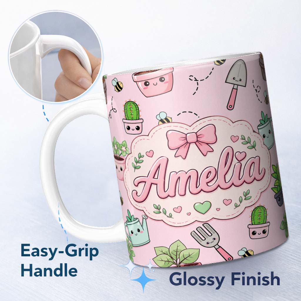 Personalized Custom Name Cute Kawaii Garden Tools Plants Bees Seamless Pattern Blush Lovely 11oz Ceramic Coffee Tea Mug White Large Handle