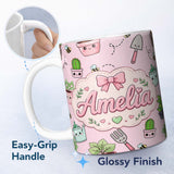 Personalized Custom Name Cute Kawaii Garden Tools Plants Bees Seamless Pattern Blush Lovely 11oz Ceramic Coffee Tea Mug White Large Handle
