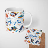 Personalized Custom Name Underwater with Scuba Divers Starfish and Whale on Clean White 11oz Ceramic Coffee Tea Mug White Large Handle