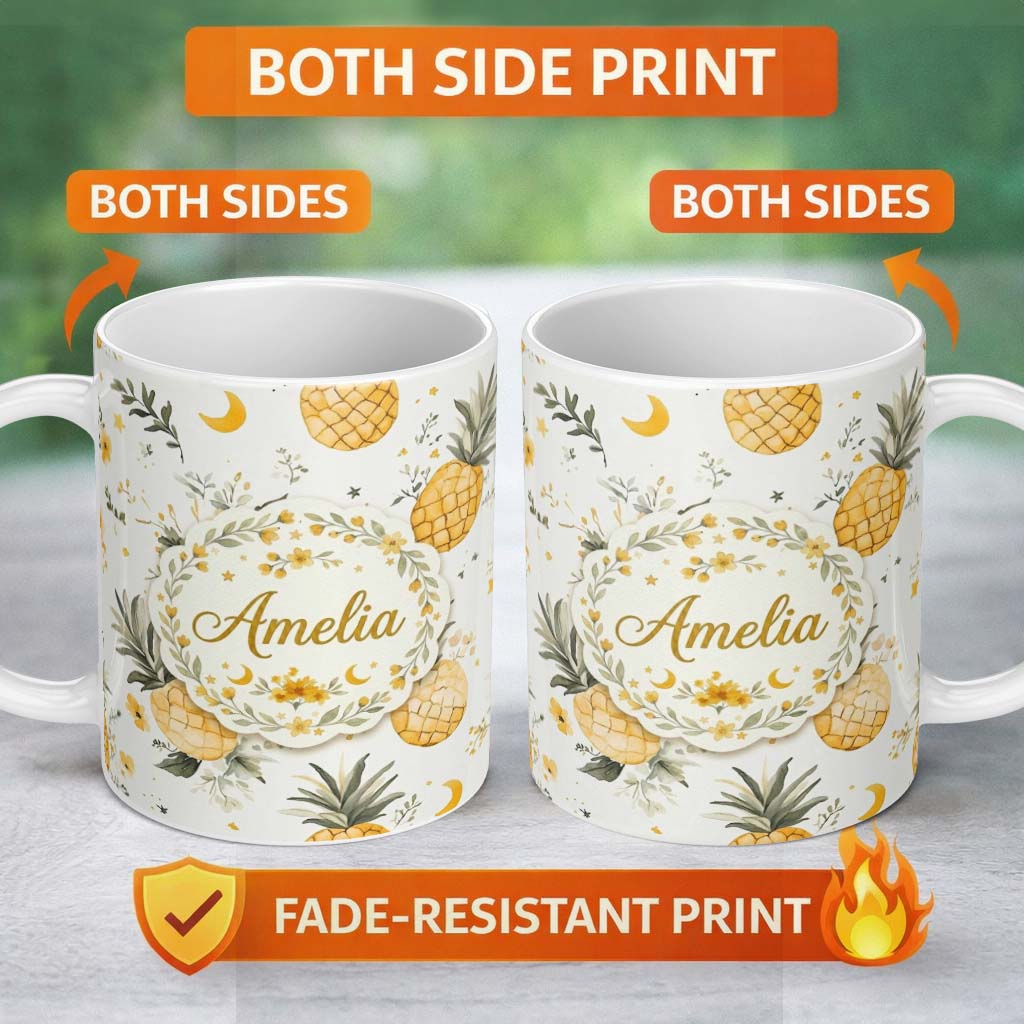 Personalized Custom Name Watercolor Pineapples with Soft Floral Botanical Pattern Seamless 11oz Ceramic Coffee Tea Mug White Large Handle