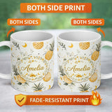Personalized Custom Name Watercolor Pineapples with Soft Floral Botanical Pattern Seamless 11oz Ceramic Coffee Tea Mug White Large Handle
