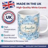 Personalized Custom Name Cute Baby Sheep Lambs with Blue Floral Background Seamless Pattern 11oz Ceramic Coffee Tea Mug White Large Handle