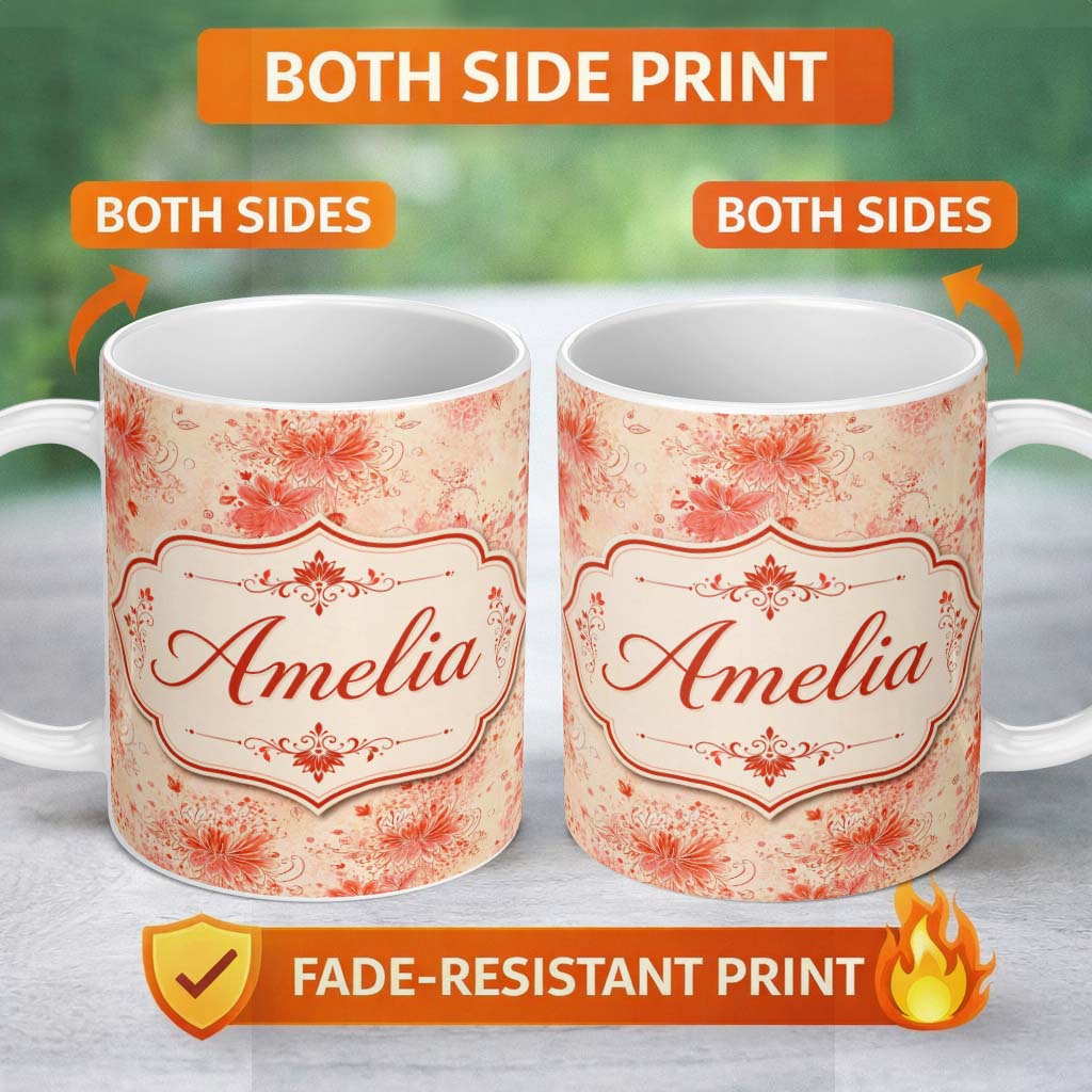 Personalized Custom Name Soft Red Floral Watercolour Blossom Seamless Pattern Lovely 11oz Ceramic Coffee Tea Mug White Large Handle