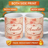 Personalized Custom Name Soft Red Floral Watercolour Blossom Seamless Pattern Lovely 11oz Ceramic Coffee Tea Mug White Large Handle