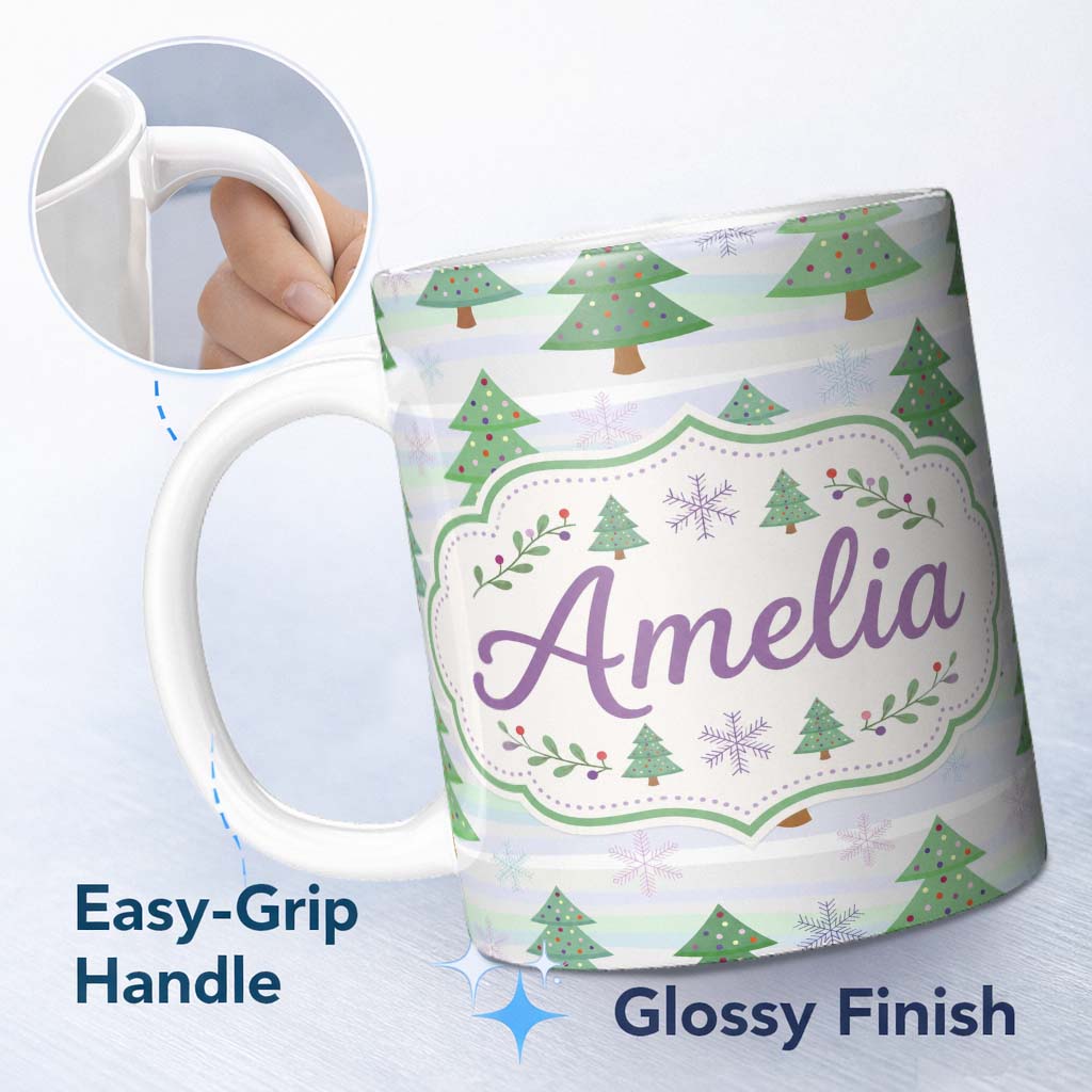 Personalized Custom Name Pastel Christmas Trees with Snowflakes and Soft Stripes Seamless 11oz Ceramic Coffee Tea Mug White Large Handle