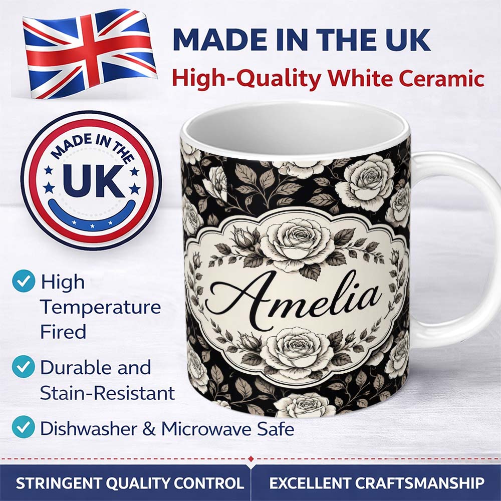 Personalized Custom Name Soft Ivory Rose Blossoms Navy Background Seamless Pattern Lovely 11oz Ceramic Coffee Tea Mug White Large Handle