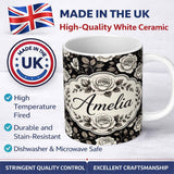 Personalized Custom Name Soft Ivory Rose Blossoms Navy Background Seamless Pattern Lovely 11oz Ceramic Coffee Tea Mug White Large Handle