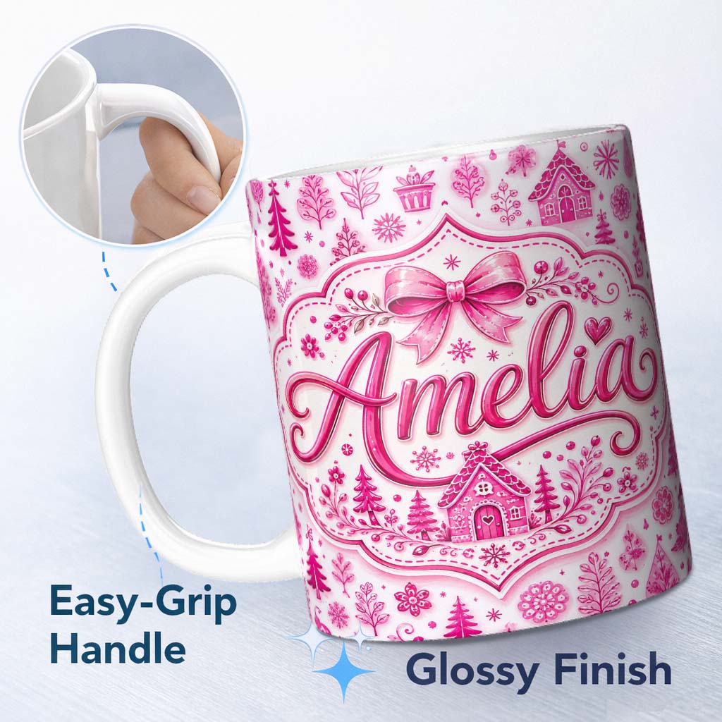 Personalized Custom Name Cute Pink Christmas Icon Doodle Holiday Seamless Pattern Lovely 11oz Ceramic Coffee Tea Mug White Large Handle