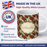 Personalized Custom Name Cream Floral Poinsettia Botanical Vintage Seamless Pattern Lovely 11oz Ceramic Coffee Tea Mug White Large Handle