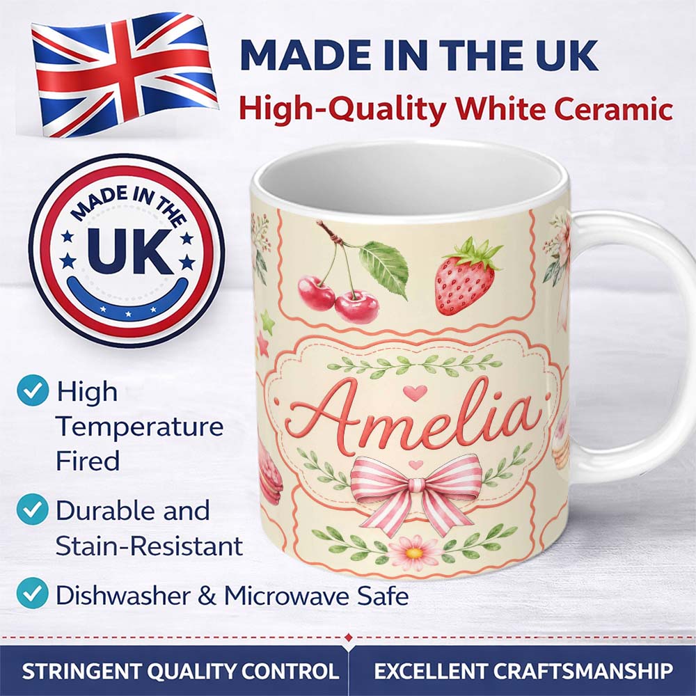 Personalized Custom Name Cute Strawberry Cherry Ribbon Bow Sweet Dessert Pattern Warm Beige 11oz Ceramic Coffee Tea Mug White Large Handle