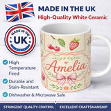 Personalized Custom Name Cute Strawberry Cherry Ribbon Bow Sweet Dessert Pattern Warm Beige 11oz Ceramic Coffee Tea Mug White Large Handle