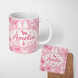Personalized Custom Name Cute Pink Winter Forest Deer Tree Seamless Pattern Cute Unique Gift 11oz Ceramic Coffee Tea Mug White Large Handle