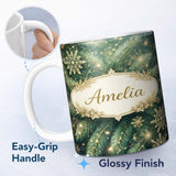 Personalized Custom Name Festive Green Pine and Snowflake Decorative Seamless Pattern Lovely 11oz Ceramic Coffee Tea Mug White Large Handle