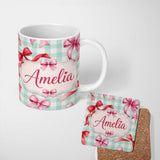 Personalized Custom Name Watercolor Ribbon Bow Seamless Pattern on Mint Gingham Background 11oz Ceramic Coffee Tea Mug White Large Handle