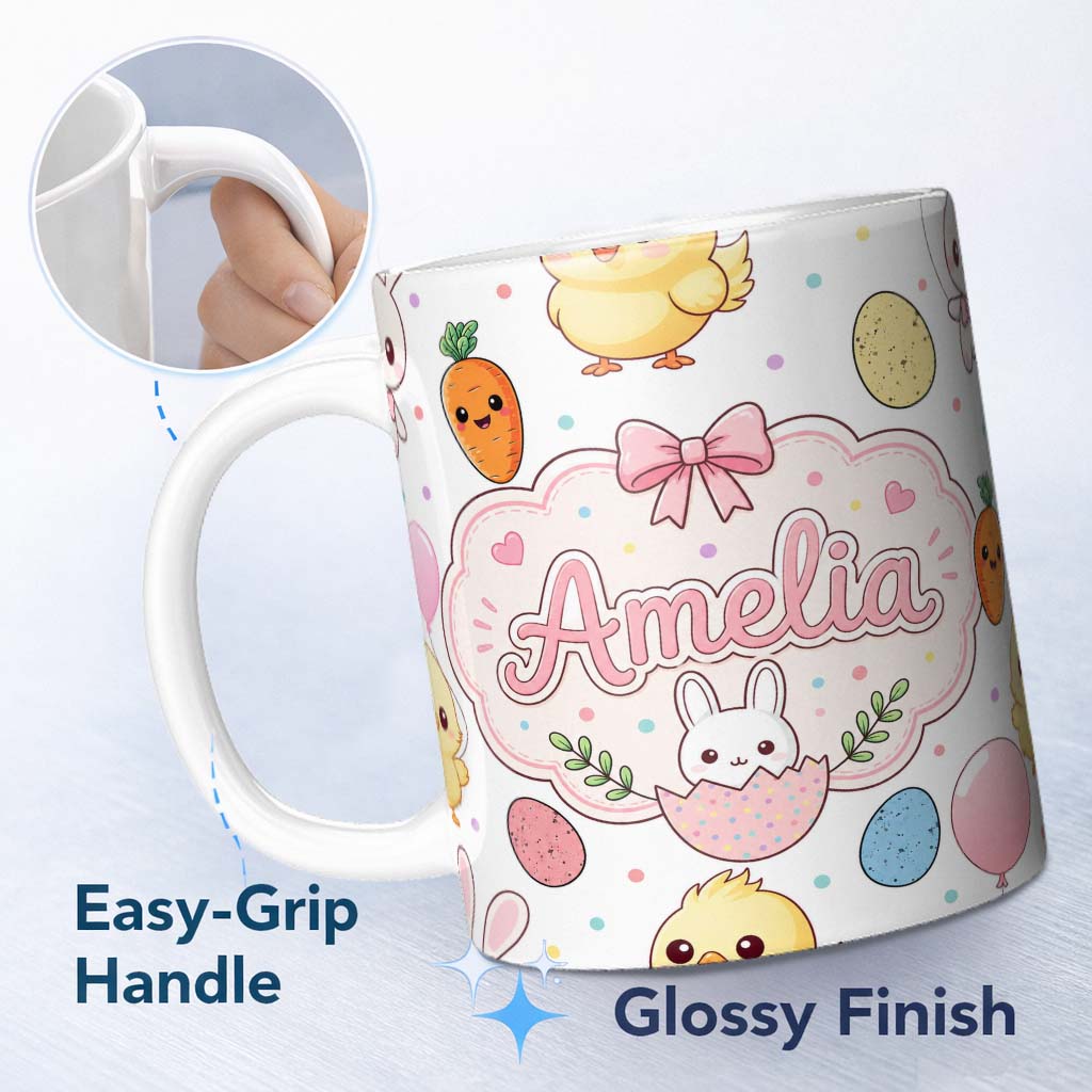 Personalized Custom Name Cute Easter Bunny Chick Carrots Eggs Polka Dot Pattern Light Grey 11oz Ceramic Coffee Tea Mug White Large Handle
