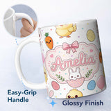 Personalized Custom Name Cute Easter Bunny Chick Carrots Eggs Polka Dot Pattern Light Grey 11oz Ceramic Coffee Tea Mug White Large Handle