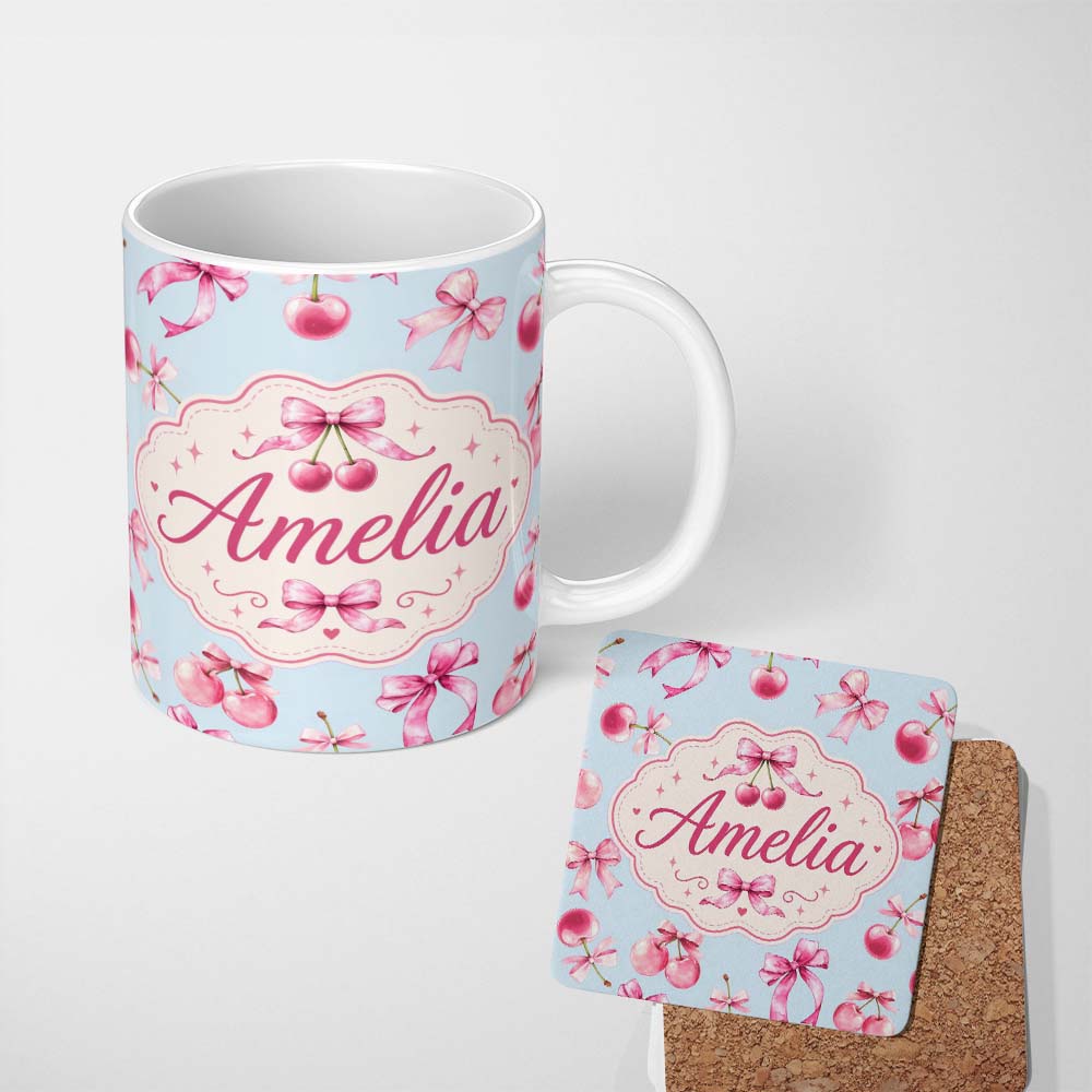 Personalized Custom Name Watercolor Cherry Bow Ribbon Pastel Blue Background Seamless Pattern 11oz Ceramic Coffee Tea Mug White Large Handle