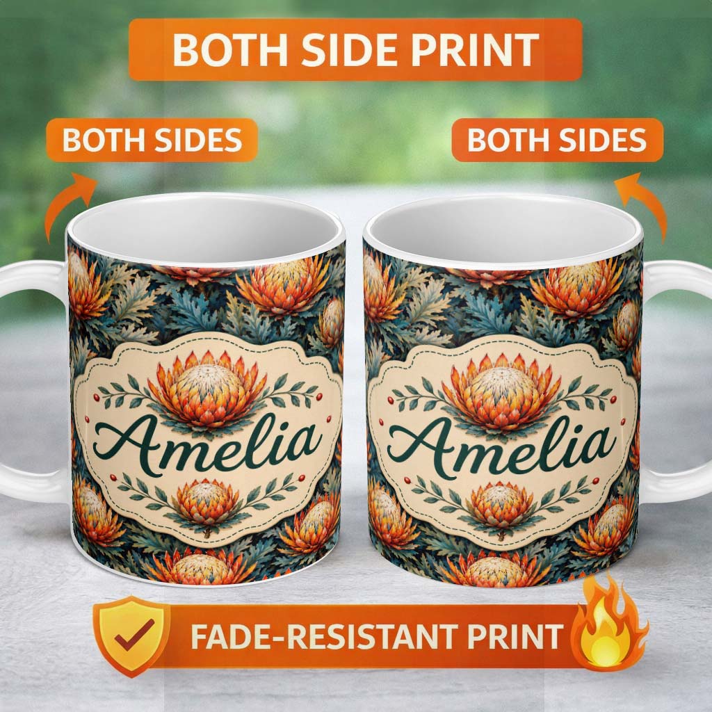 Personalized Custom Name Artistic Protea Floral with Blue Leaves Seamless Pattern Lovely 11oz Ceramic Coffee Tea Mug White Large Handle