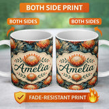 Personalized Custom Name Artistic Protea Floral with Blue Leaves Seamless Pattern Lovely 11oz Ceramic Coffee Tea Mug White Large Handle