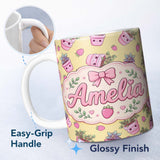 Personalized Custom Name Cute Pink Plant Pots Leaves Strawberry Seamless Pattern Yellow 11oz Ceramic Coffee Tea Mug White Large Handle