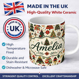 Personalized Custom Name Ornate Christmas Trees Red Green Gold Baubles Festive Seamless 11oz Ceramic Coffee Tea Mug White Large Handle