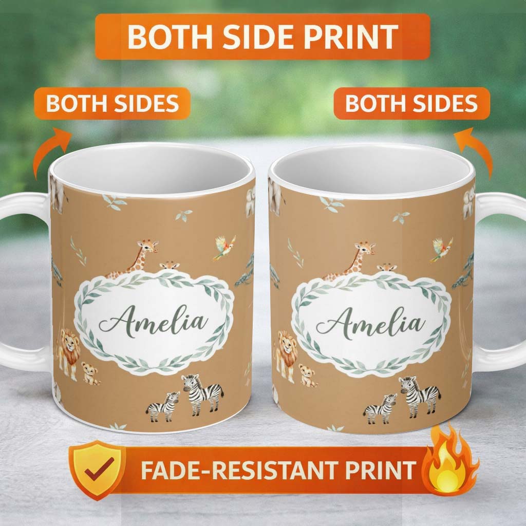 Personalized Custom Name Cute Safari Animals Giraffe Lion Zebra on Brown Background Seamless 11oz Ceramic Coffee Tea Mug White Large Handle