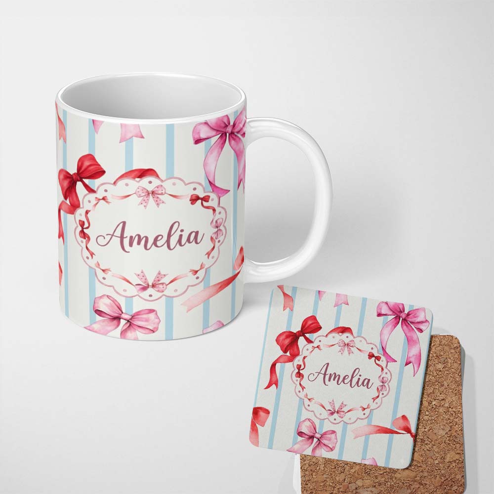 Personalized Custom Name Watercolor Ribbon Bow Seamless Pattern on Blue Stripe Background 11oz Ceramic Coffee Tea Mug White Large Handle