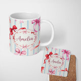 Personalized Custom Name Watercolor Ribbon Bow Seamless Pattern on Blue Stripe Background 11oz Ceramic Coffee Tea Mug White Large Handle