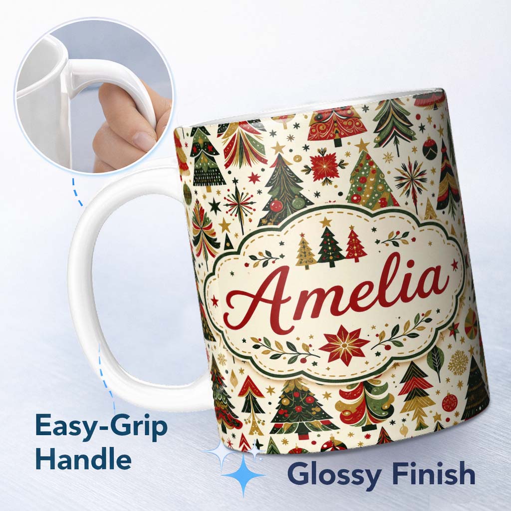 Personalized Custom Name Elegant Christmas Trees Red Green Gold Stars Ornaments Seamless 11oz Ceramic Coffee Tea Mug White Large Handle