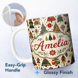 Personalized Custom Name Elegant Christmas Trees Red Green Gold Stars Ornaments Seamless 11oz Ceramic Coffee Tea Mug White Large Handle