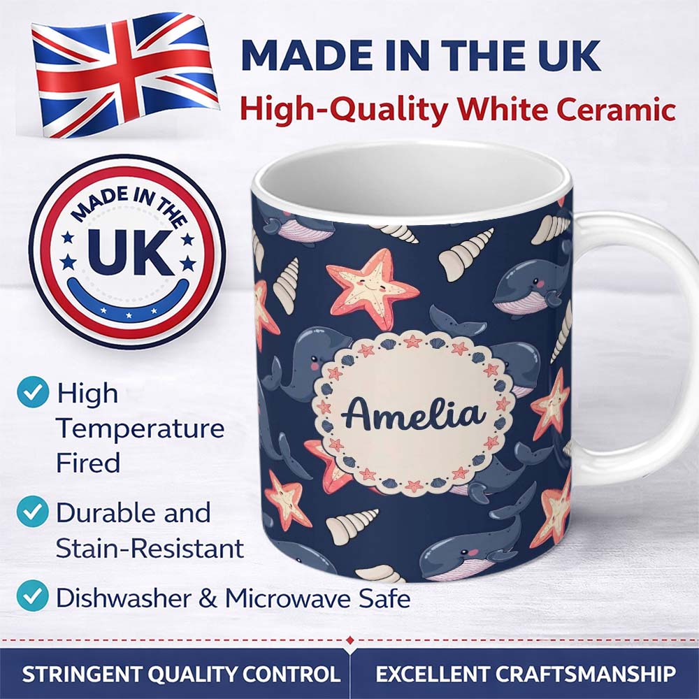 Personalized Custom Name Cute Kawaii Whale Starfish Seashell Ocean Animals Navy Background 11oz Ceramic Coffee Tea Mug White Large Handle
