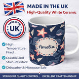 Personalized Custom Name Cute Kawaii Whale Starfish Seashell Ocean Animals Navy Background 11oz Ceramic Coffee Tea Mug White Large Handle