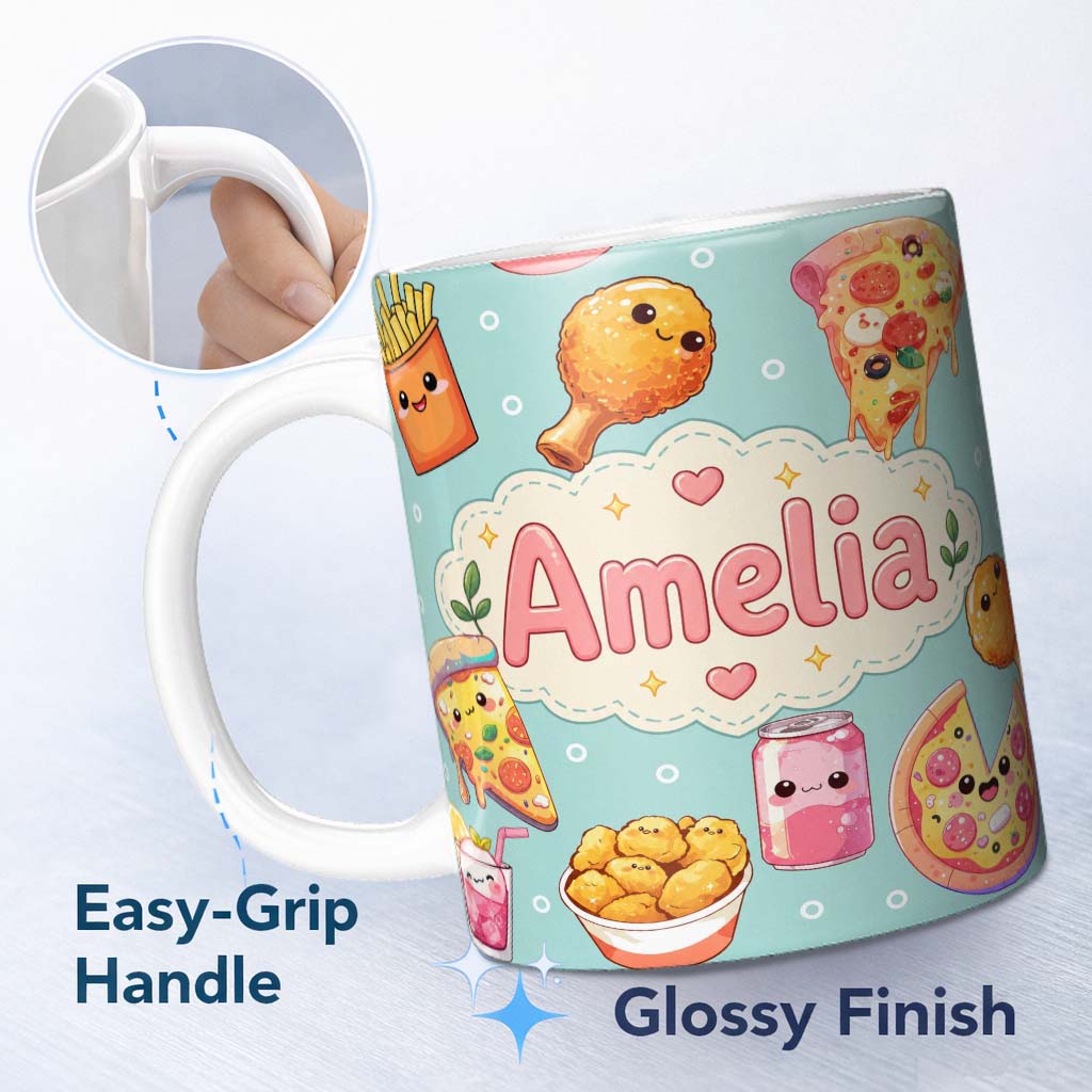 Personalized Custom Name Cute Kawaii Fast Food Pizza Chicken Soda Mint Background Seamless 11oz Ceramic Coffee Tea Mug White Large Handle