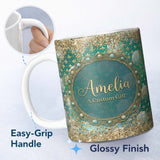Personalized Custom Name Teal Gold Fleur Moon Glitter Elegant Seamless Pattern Lovely 11oz Ceramic Coffee Tea Mug White Large Handle