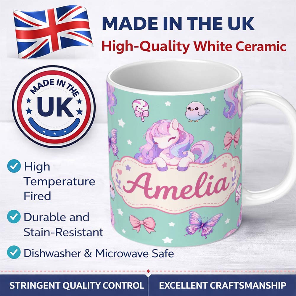 Personalized Custom Name Cute Pastel Unicorn Butterfly Candy Stars Mint Background Seamless 11oz Ceramic Coffee Tea Mug White Large Handle