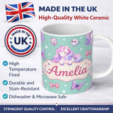 Personalized Custom Name Cute Pastel Unicorn Butterfly Candy Stars Mint Background Seamless 11oz Ceramic Coffee Tea Mug White Large Handle