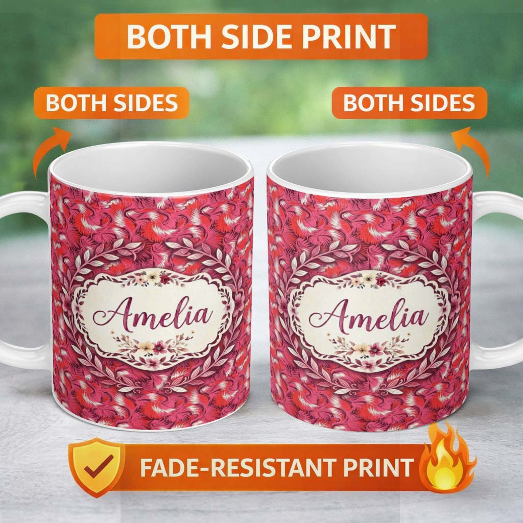 Personalized Custom Name Bold Red Flamingo Birds Tropical Pattern Seamless Design Lovely 11oz Ceramic Coffee Tea Mug White Large Handle