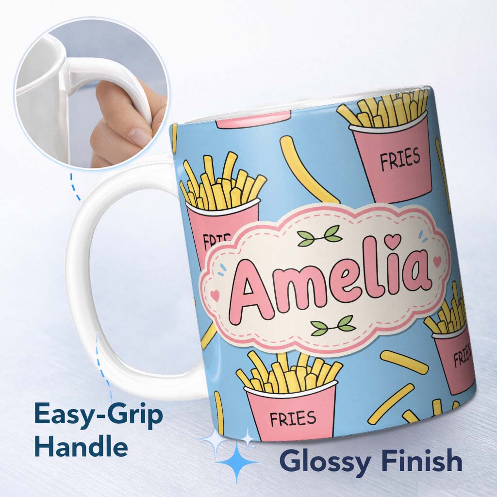 Personalized Custom Name Cute French Fries Cartoon Snack Seamless Pattern Pink Cups Blue 11oz Ceramic Coffee Tea Mug White Large Handle