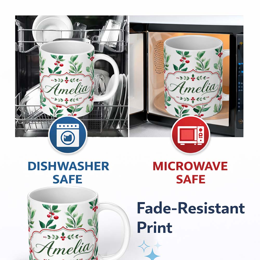 Personalized Custom Name Watercolor Winter Berry Branches Red Green Seamless Pattern Lovely 11oz Ceramic Coffee Tea Mug White Large Handle