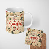 Personalized Custom Name Vintage Winter Village Ice Skating Christmas Scene Seamless Pattern 11oz Ceramic Coffee Tea Mug White Large Handle