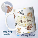 Personalized Custom Name Cute Safari Animals Lion Meerkat Toucan and Warthog with Sun and 11oz Ceramic Coffee Tea Mug White Large Handle
