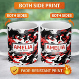 Personalized Custom Name Red Black White Camouflage Bold Graphic Seamless Pattern Lovely 11oz Ceramic Coffee Tea Mug White Large Handle