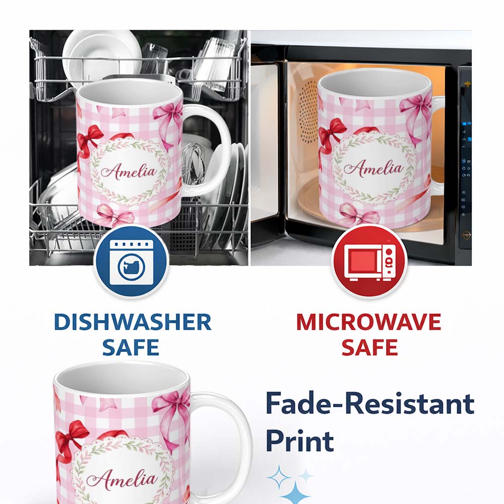 Personalized Custom Name Watercolor Red and Pink Ribbon Bows Pink Gingham Check Background 11oz Ceramic Coffee Tea Mug White Large Handle